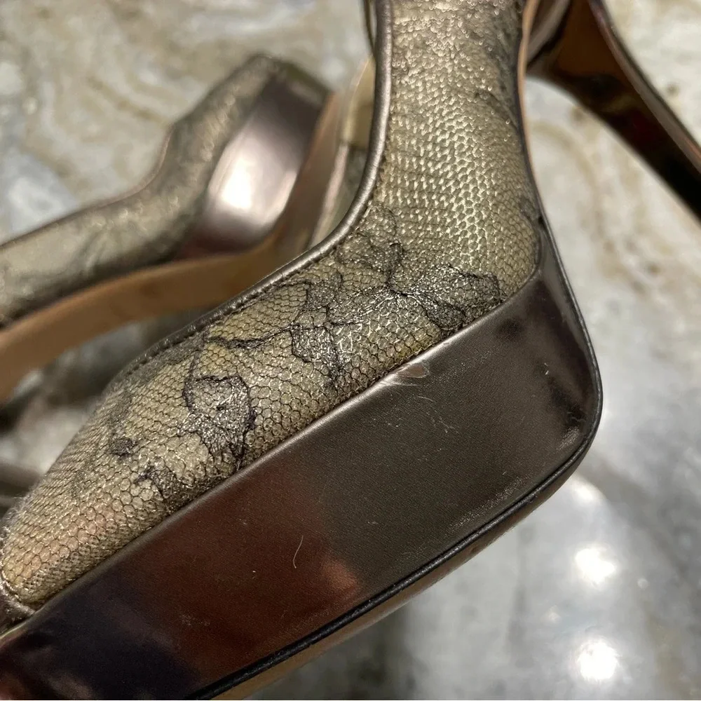 Jimmy Choo Metallic Brown Lace Dahlia Peep Toe Pumps Size 37